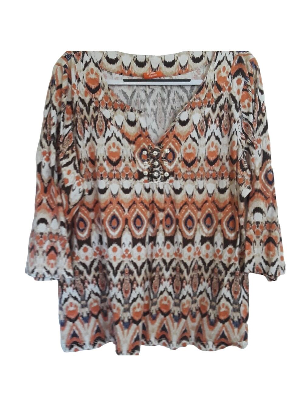 Womens Sx 2X V-Neck Beaded Colorful Aztec Print Heart of Palm Top